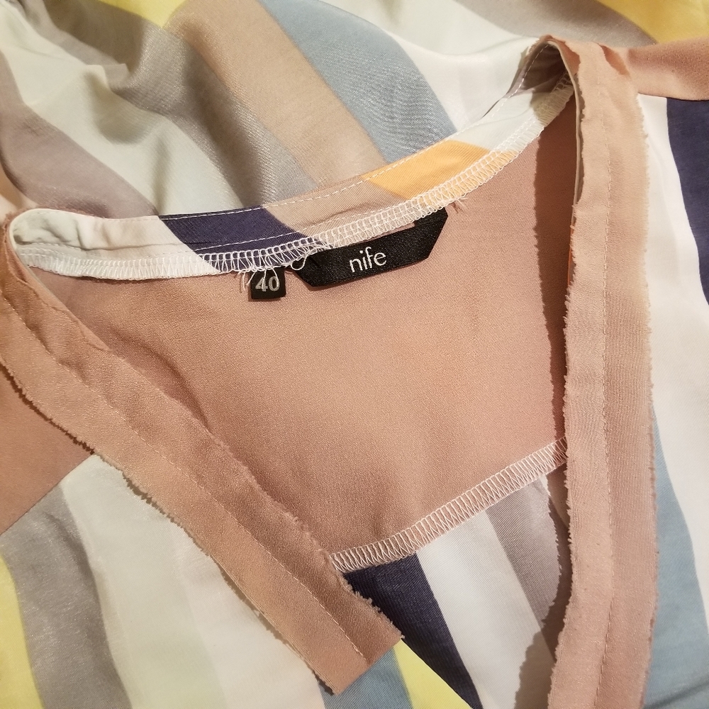 NIFE Stripe Colorblock Surplice Faux Wrap Blouse Top - Picture 7 of 9